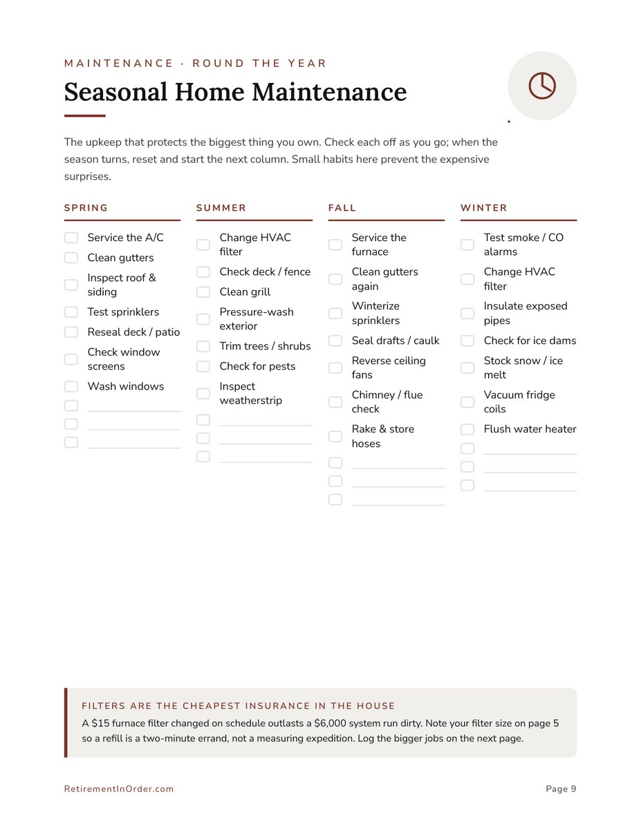 Seasonal Maintenance — actual interior page from the Home Management Binder printable PDF