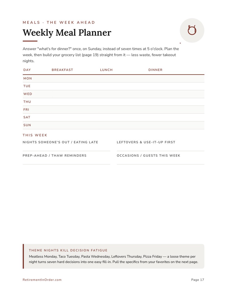 Weekly Meal Planner & Grocery List — actual interior page from the Home Management Binder printable PDF